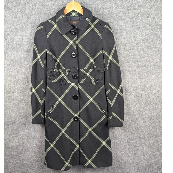 Tocca Jackets & Blazers - Tocca Trench Coat 8 Lambswool Silk Lined Plaid Black Lime Green Floral Applique